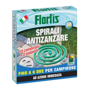 Flortis Spirali Antizanzare: Confezione con 10 spirali antizanzare e 2 supporti.