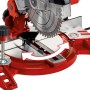Troncatrice Einhell TC-MS 2112: Base in metallo rosso con lama rotante e scala angolare.