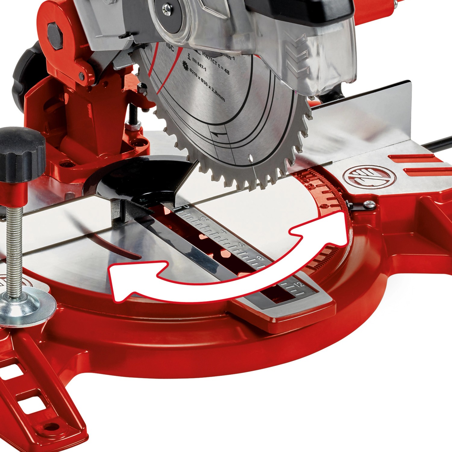 Troncatrice Einhell TC-MS 2112: Base in metallo rosso con lama rotante e scala angolare.