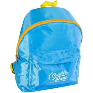 Zaino blu con dettagli gialli, ideale per campeggio e tempo libero.