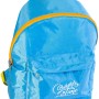 Zaino blu con dettagli gialli, ideale per campeggio e tempo libero.