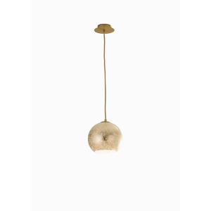Lampada a sospensione t.b.t. dorata con paralume in vetro rotondo per un'illuminazione elegante.
