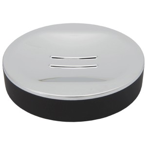 Dispenser sapone rotondo cromato e nero.
