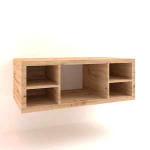 Mobile bagno sospeso in legno chiaro con scomparti aperti. Arredo bagno.