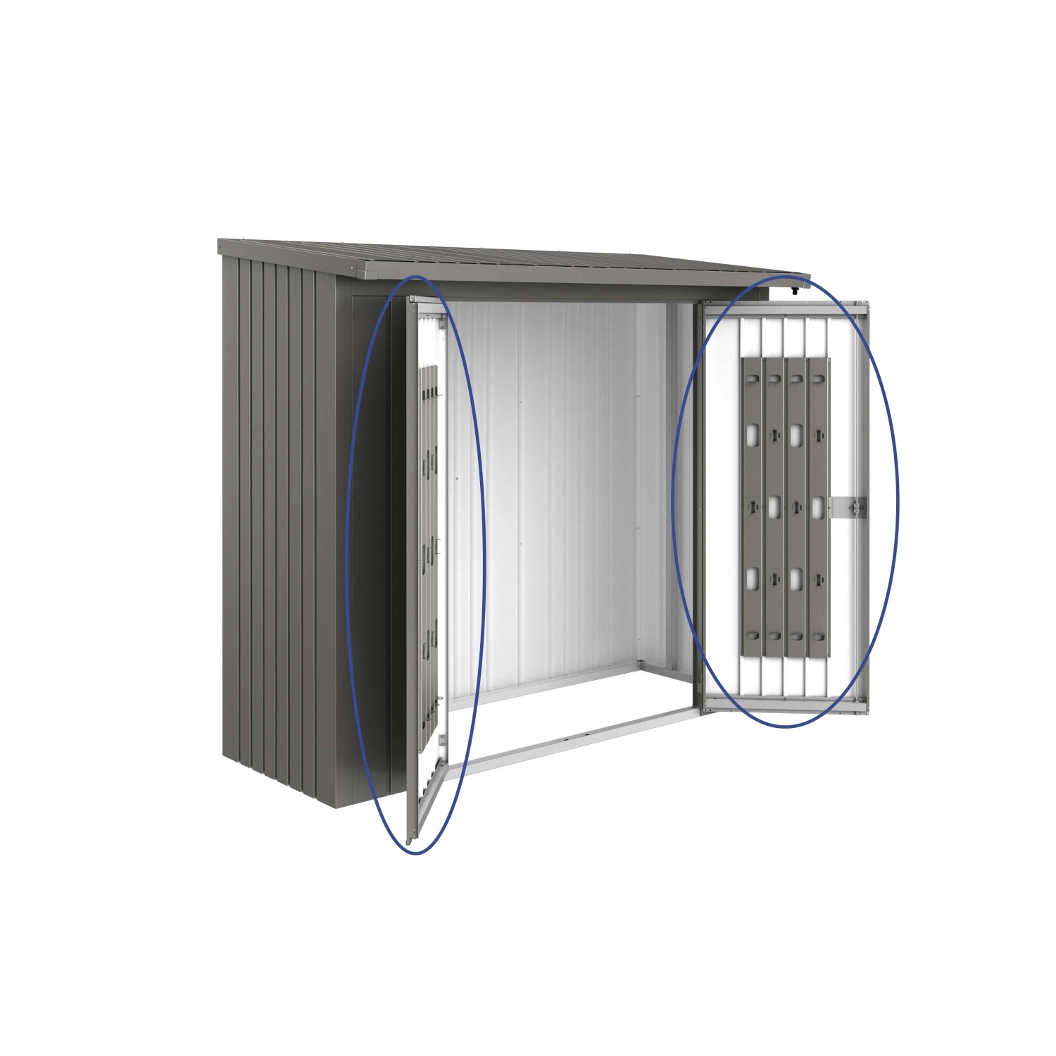 Pacchetto porta Biohort per legnaia WoodStock 230, grigio quarzo metallizzato, con sistema di stoccaggio.