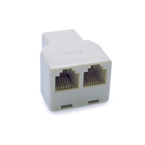 Doppio adattatore telefonico bianco per due connessioni.
