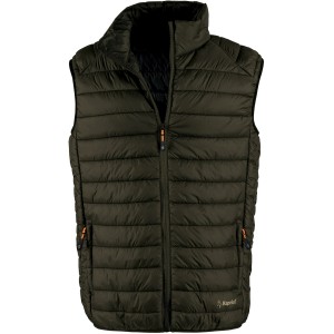 Gilet trapuntato color oliva per giardinaggio. Giacca senza maniche con zip e tasche.