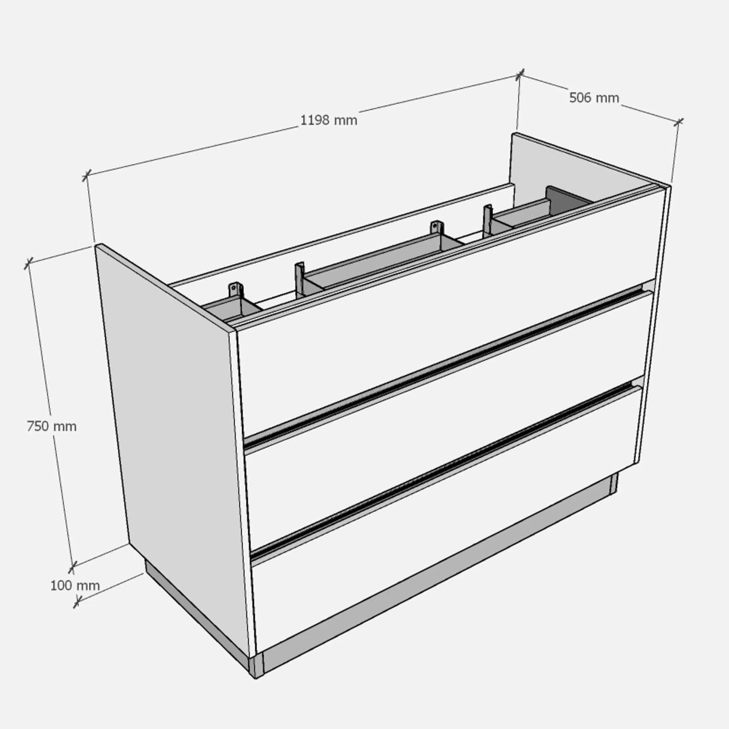 Disegno tecnico di un mobile sottolavabo per arredo bagno con dimensioni.