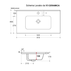 Disegno tecnico del lavabo da appoggio t.b.t. con dimensioni.