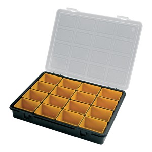 Cassetta portaminuteria nera con scomparti gialli e coperchio trasparente.