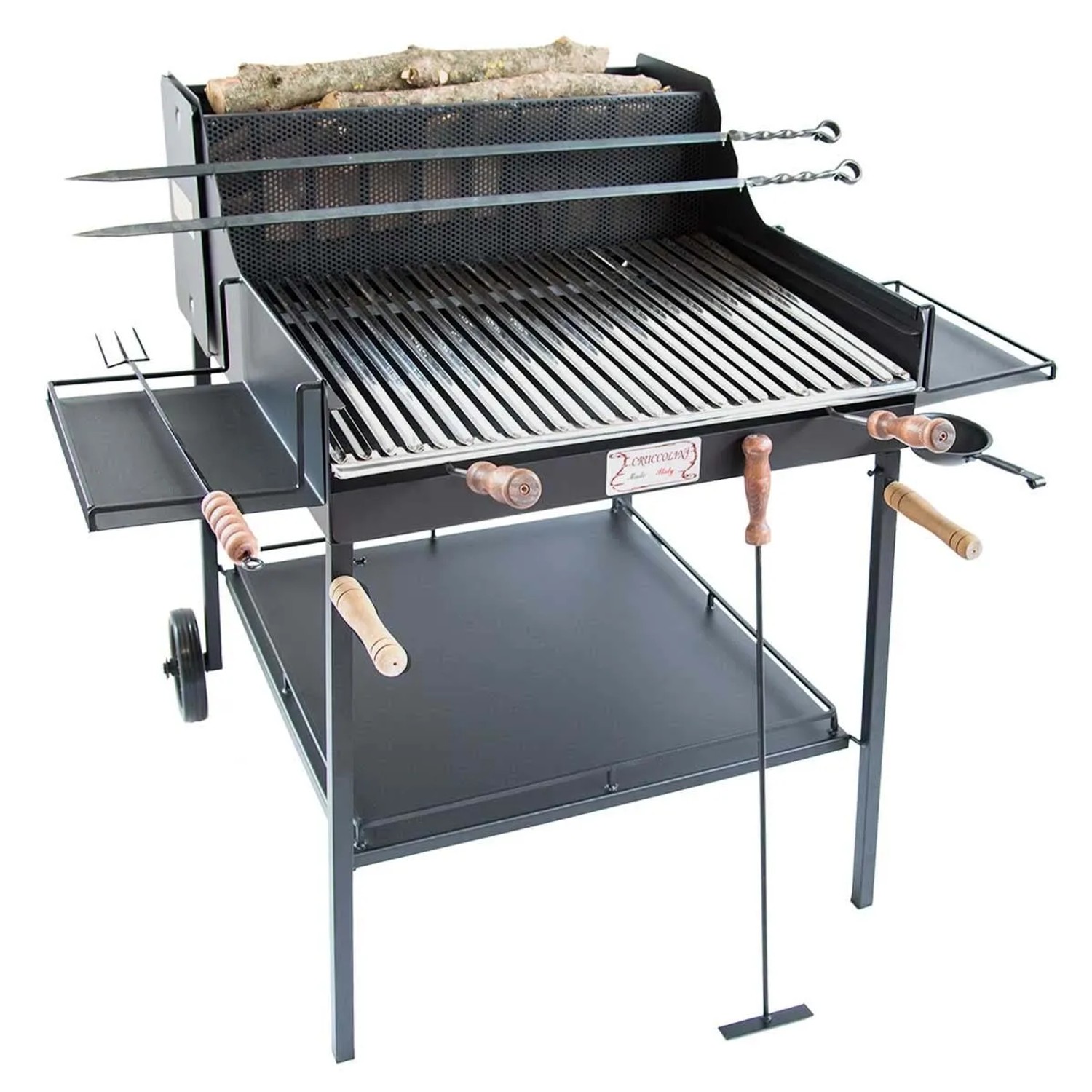Barbecue a carbone nero con griglia, ripiani e utensili per barbecue.