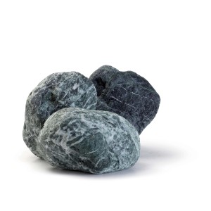 Tre ciottoli decorativi grigio-verdi (Ciottoli e granulati) con marmorizzazione bianca.