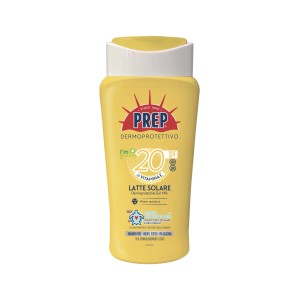 PREP Latte Solare SPF 20, flacone giallo. Protezione solare per vacanze ed estate.