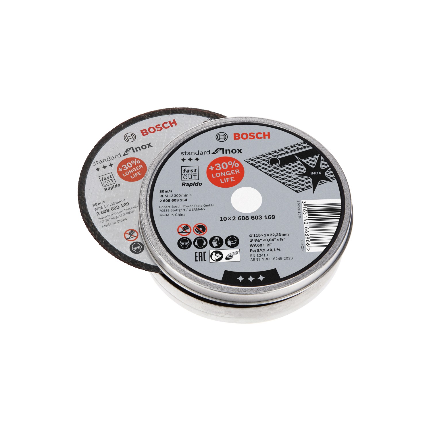 Set dischi da taglio Bosch, 10 pezzi, Ø 115mm, per smerigliatrici angolari in acciaio inox.