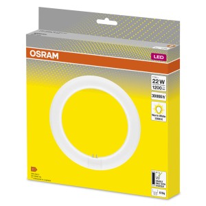 Lampada LED ad anello Osram, 22W, bianco caldo, in confezione gialla.
