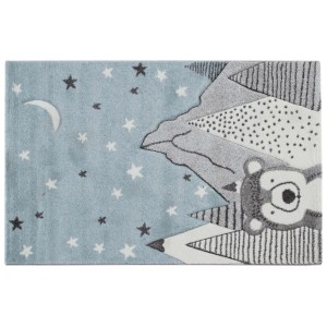Tappeto per bambini blu con orso, luna e stelle.
