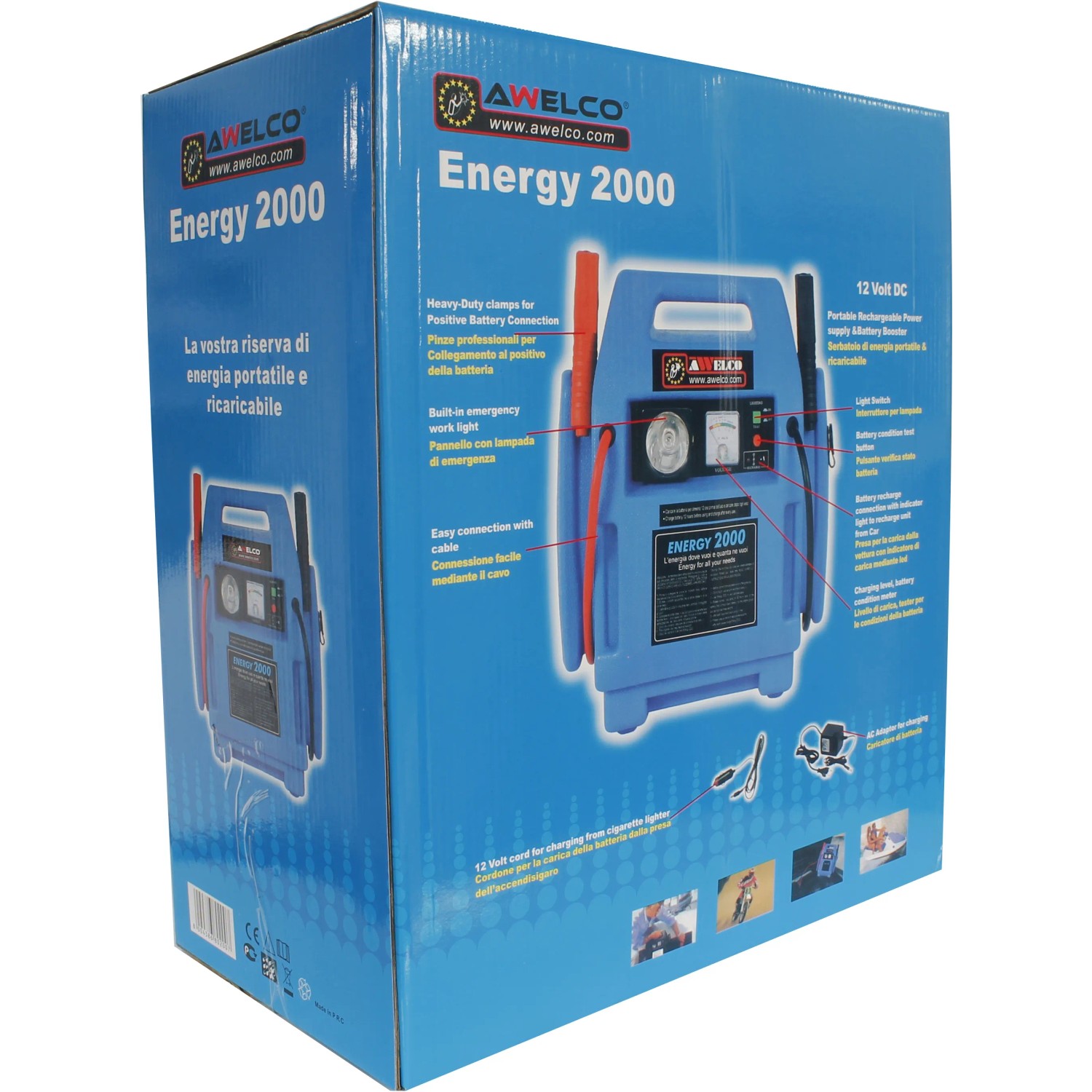 Confezione di un avviatore di emergenza Awelco Energy 2000 per la riparazione auto.