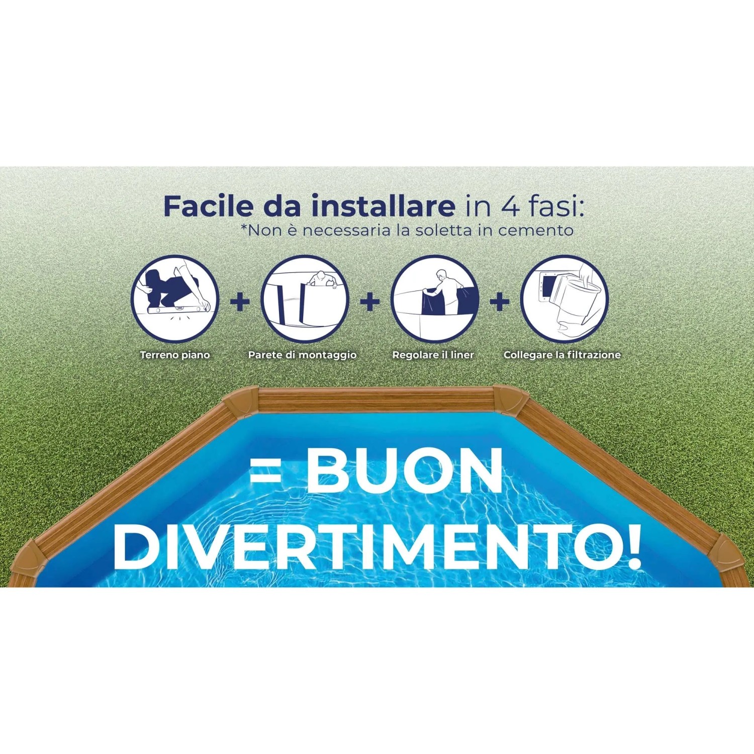 Piscina Gre Pacific Ovale: 4 semplici passaggi per montare la piscina in acciaio effetto legno. Nessuna soletta in cemento. Buon divertimento!