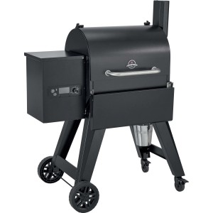 Grill a pellet nero con controllo digitale e ruote.