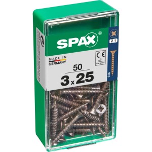 Viti per legno SPAX 3x25 mm in contenitore di plastica verde, ideali per collegamenti in legno.
