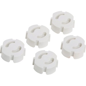 Set di 5 protezioni per prese elettriche bianche per la sicurezza dei bambini in casa.