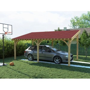Carport aperto in legno con copertura bituminosa rossa e auto parcheggiata.