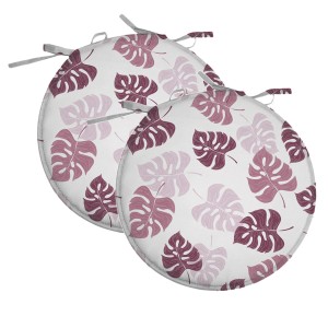 Due cuscini da esterno rotondi con motivo a foglie di monstera rosa. Cuscini per mobili da giardino.