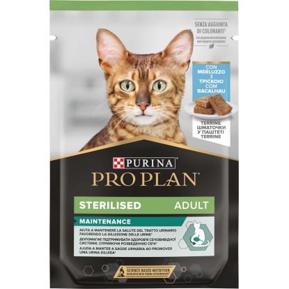 Cibo umido per gatti Purina ProPlan Sterilised con merluzzo terrine 85 g