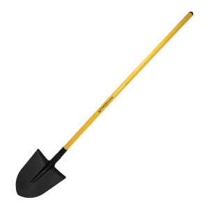 Vanga nera con manico giallo per giardinaggio.