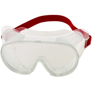 Occhiali protettivi a visione integrale con lenti in policarbonato trasparente e fascia elastica rossa.