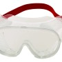 Occhiali protettivi a visione integrale con lenti in policarbonato trasparente e fascia elastica rossa.