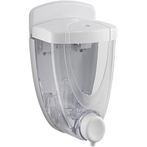 Dispenser sapone bianco e trasparente da parete.