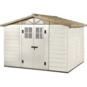 Casetta da giardino in plastica bianca e beige. Ideale per riporre gli attrezzi da giardino.