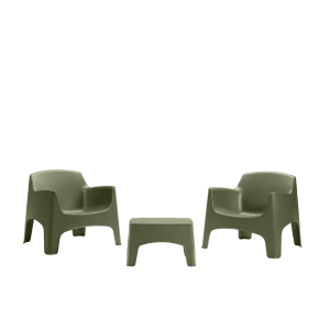 Set di mobili da giardino verde oliva: 2 poltrone e 1 tavolino. Ideale per terrazza e giardino.