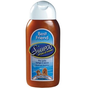 Flacone marrone di shampoo per cani Best Friend con olio di visone per pelo lungo.