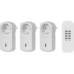 Set interruttore wireless CMI, 4 pezzi, bianco, composto da 3 prese wireless e telecomando.