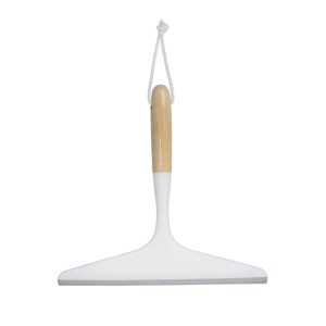 t.b.t. tergivetro doccia con manico in legno e gomma bianca, appeso.