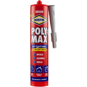 Cartuccia rossa di Bostik Poly Max Express Collanti, ugello grigio.