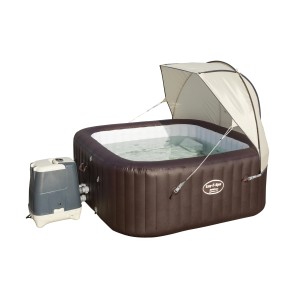 Tettuccio parasole Bestway LAY-Z-SPA su vasca idromassaggio marrone con pompa per protezione UV e ombra.