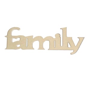 Scritta in legno "Family" come elemento decorativo per forniture artistiche.