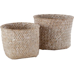 Due cesti intrecciati per accessori mobili bagno, beige e bianco.