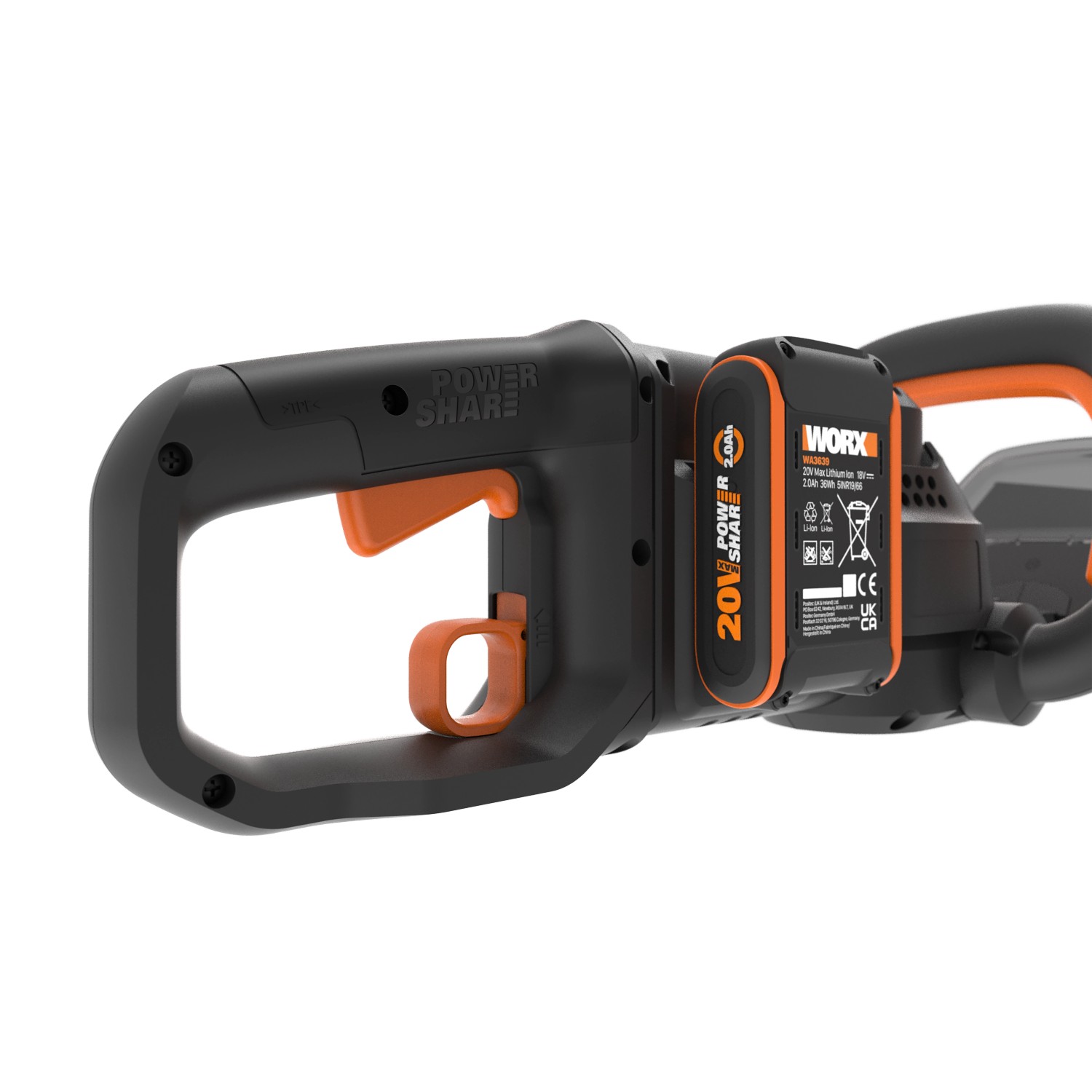 Tagliasiepi a batteria Worx Nitro WG263E con batteria, vista dettagliata.