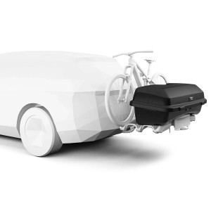 Box da trasporto nera t.b.t. su auto con portabiciclette. Accessori per il trasporto.