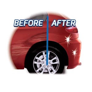 Prima e dopo: auto con graffi vs. vernice riparata. Riparazione vernice auto.