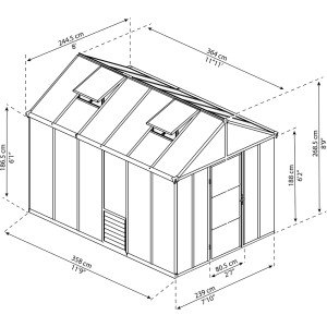 Disegno tecnico: serra Palram Canopia Glory 3.6x2.5, dimensioni e dettagli.
