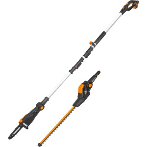 Worx 2in1 Combo Tagliasiepi telescopico a batteria e potatore WG908E 20V, con asta estensibile e due accessori.