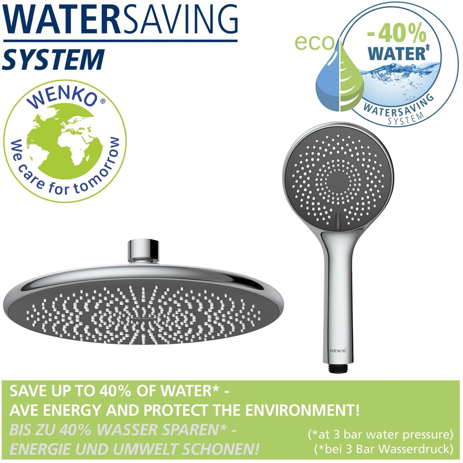 Sistema doccia Wenko Watersaving Cromato: soffione e doccetta per il risparmio idrico.
