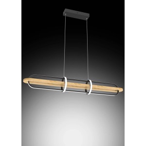 Lampada a sospensione moderna con legno, metallo e LED per sala da pranzo e soggiorno.