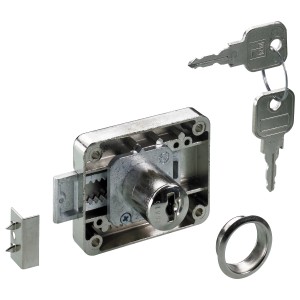 Serratura a cilindro Hettich, in acciaio nichelato, con 2 chiavi, contropiastra e rosetta.