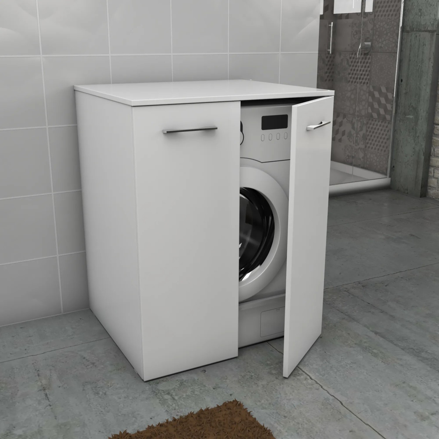 Mobile bagno bianco per lavatrice, frontale aperto.